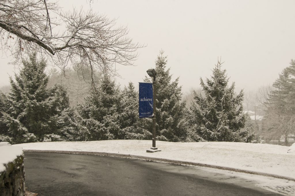 "achieve" banner outside Helen Hayes Hospital in the snow