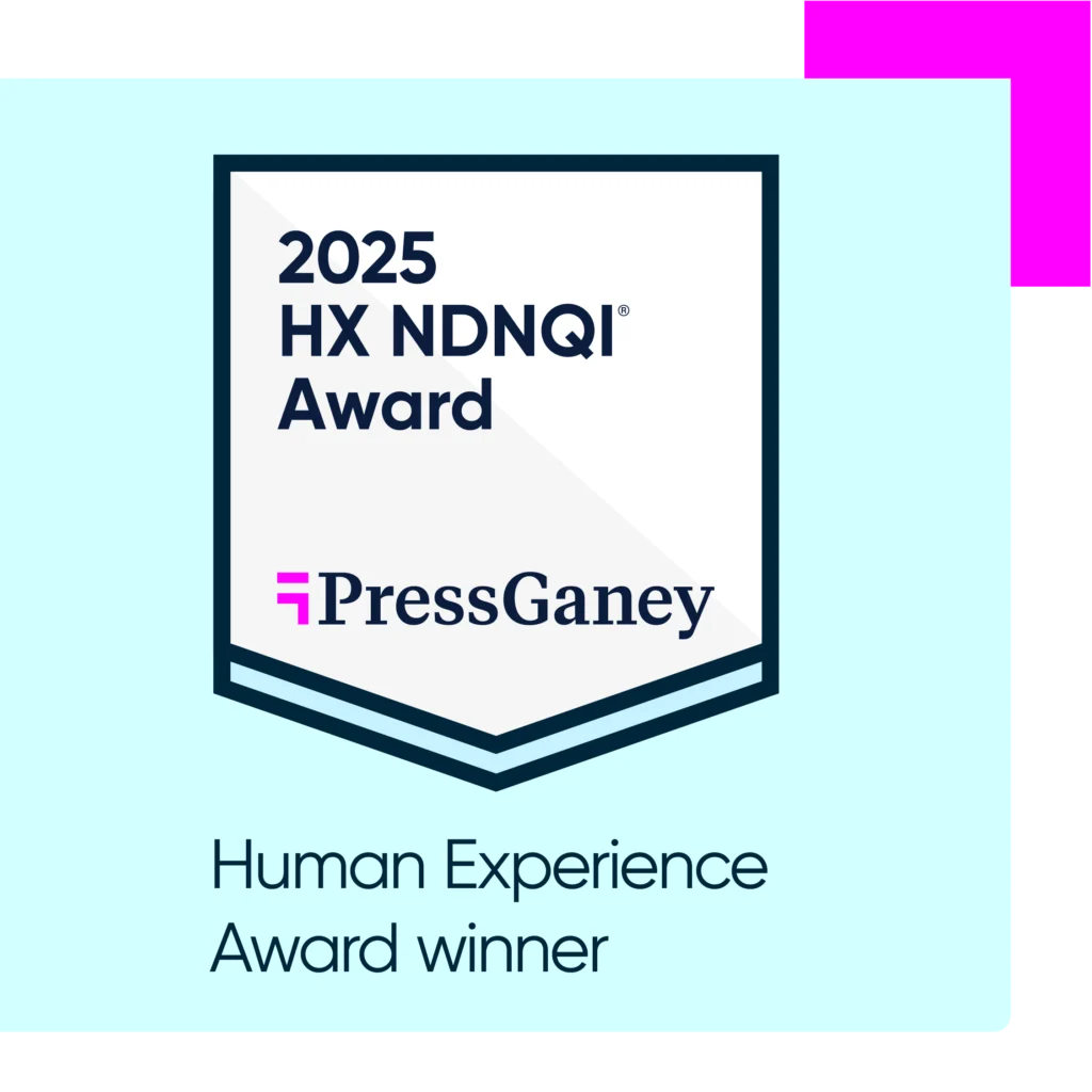 Badge which says: 2025 HX NDNQI Award, Press Ganey, Human Experience Winner